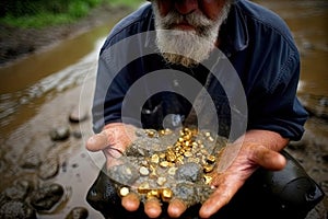 A gold prospector holds a handful of raw gold nuggets, gleaming with the promise of riches. Generative AI