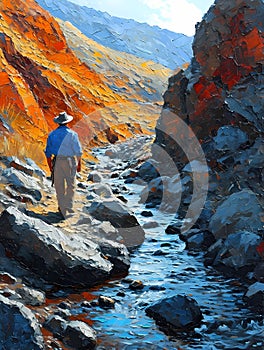 Gold Prospector Miner, A Man Walking On A Rocky Path