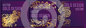 Gold and purple abstract banner. Collection of three luxury background with gold liquid.