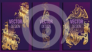 Gold and purple abstract banner. Collection of three luxury background with gold liquid.