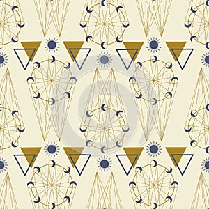 Gold and purple celestial elements in a seamless pattern design