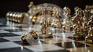 Gold queen chess surrounded by a number of fallen silver chess pieces, business strategy concept, generative ai