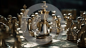 Gold queen chess surrounded by a number of fallen silver chess pieces, business strategy concept, generative ai