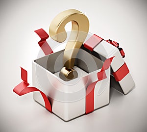 Gold question mark inside open giftbox. 3D illustration