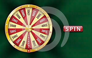 Gold realistic 3d fortune wheel, lucky game spin, luxury roulette on green background. Casino background for money