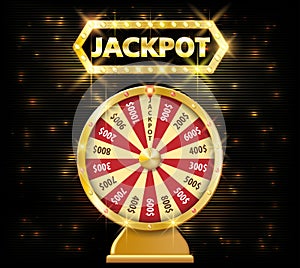 Gold realistic fortune wheel 3d object on dark background with jackpot text. lucky fortune wheel e vector