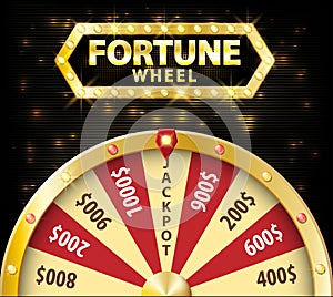 Gold realistic wheel of fortune 3d object isolated on dark background with place for text. lucky roulette vector