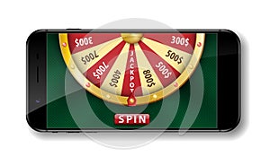Gold realistic wheel of fortune with smartphone isolated on white. 3d Casino online lucky roulette vector illustration
