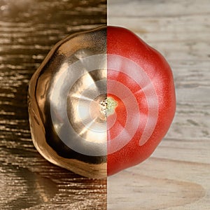 Gold and realy half painted tomato on golden and wooden background.