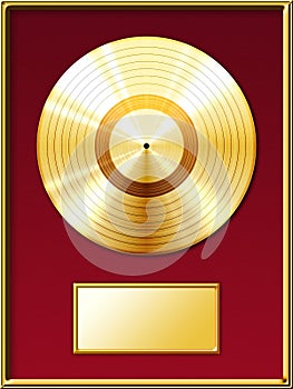 Gold record music disc award inside the golden frame with a red background. photo