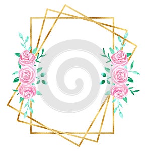 Gold rectangle frame with watercolor flower illustration