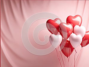 Gold and red balloons. Realistic rose 3d heart balloon. Helium balloon illustration on pink background.