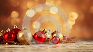 Gold and red baubles and gold fir branch Christmas tree ornaments on with beautiful light bokeh background, Christmas background