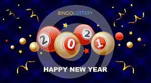 Gold and red billiard balls with numbers 2021 on a blue background. Holiday concept and text Happy New Year.