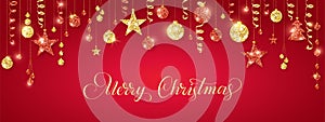 Gold and red Christmas garland. Glitter ornaments. Hanging ribbons and balls, tree and stars. Merry Christmas