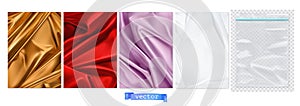 Gold and red fabric, violet curtain, white paper, transparent plastic package. 3d vector backgrounds