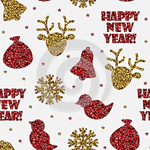 Gold and red glitter deer, snowflake, bell, bird and inscription Happy New Year isolated on white background.