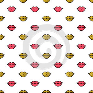 Gold and red lips seamless pattern on white background. Golden lipstick kiss. Vector illustration. Fashion background in