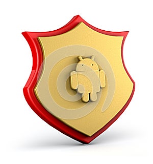 Gold and red shield with golden lock on white background. Shield security 3d render.