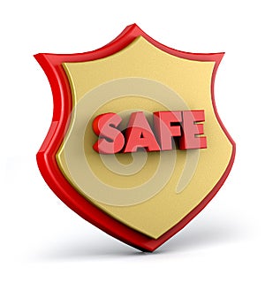 Gold and red shield with safe word isolated on white background. Shield security 3d render.