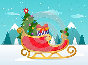 Gold and red sleigh of Santa Clus with gifts and a Christmas tree on a background of a winter landscape of mountains and a forest