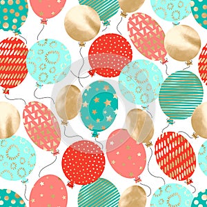Gold, red and turquoise balloons on white background. Colorful birthday party seamless pattern
