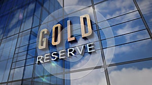Gold reserve bank glass skyscraper with mirrored sky 3d illustration