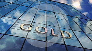 Gold reserve bank glass skyscraper with mirrored sky loop animation