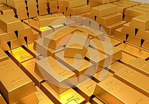 Gold reserves. Banking concept. Many shiny gold bars. 3D rendered illustration