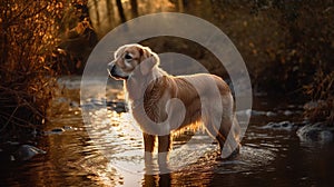 a gold retriever standing in the shallow water of a stream in the forest