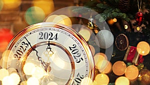 Gold retro clock shows New Year 2024 with golden lights, Christmas tree and vintage toys. Happy New Year and Christmas card