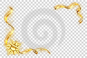 Gold ribbon frame. Golden serpentine design. Decorative streamer border, isolated transparent white background