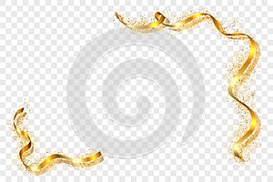 Gold ribbon frame. Golden serpentine design. Decorative streamer border, isolated transparent white background