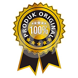 Gold ribbon vector badge with the text "Produk original 100%"