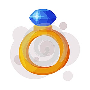 Gold Ring with Blue Gem, Occult Magic Object for Mystic Ritual Cartoon Style Vector Illustration