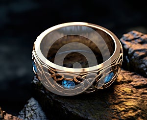 a gold ring with blue stones