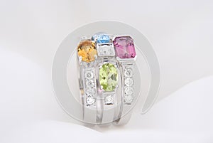 Gold Ring With Blue Topaz, Pink Tourmaline, Citrine Peridot And Diamonds