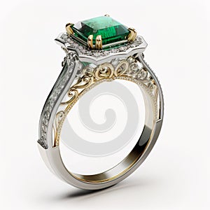 Gold ring with emerald and diamonds isolated on white background, generative AI