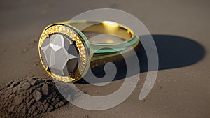 Gold ring with faceted stone and patterns on gray dry ground. A piece of jewelry lost in the desert. Generated AI.