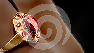 gold ring on finger with red ruby gem, fictitious design - object 3D rendering