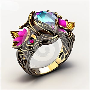 A gold ring with florals and diamond on it Generative AI