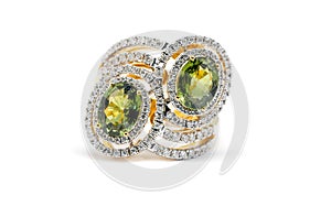 Gold ring with green diamond isolated on white