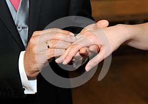 Gold ring on the groom`s hand that puts another ring on the bride,