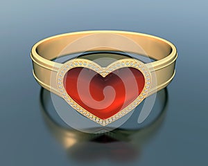 Gold ring with a heart shape ruby