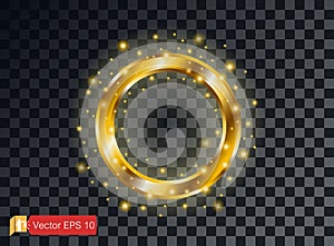 Gold ring luxury on a dark background. Isolated. Betrothal. Engagement party. Vector Golden circle, spark particles. Light effect.