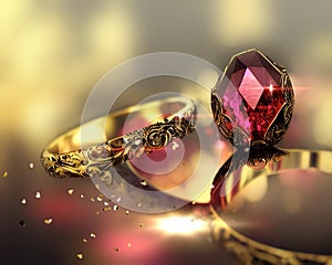 Gold ring with red rubin and small diamonds women luxury jewelry
