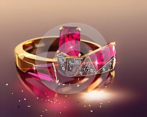 Gold ring with red rubin and small diamonds women luxury jewelry