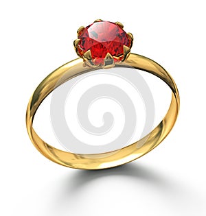 Gold ring with ruby gemstone on white