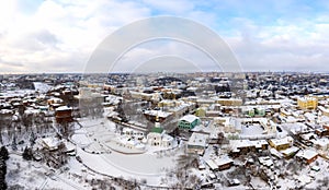 Gold ring of Russia. Aerial view of downtown Vladimir with the Golden Gate and Holy Trinity Church. Panoramic view