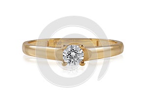 Gold ring with a shiny diamond stone on it on the white background